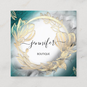 Floral Frame QR Code Logo Gold Teal Grey  Square Business Card