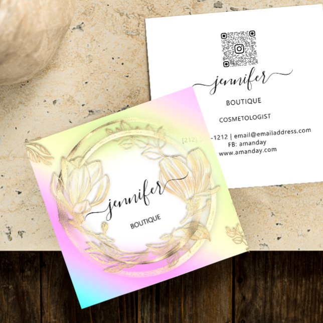 Floral Frame QRCode Logo Gold Ombre Pink  Square Business Card (Floral Frame QRCode Logo Gold Ombre Pink Square Business Card)