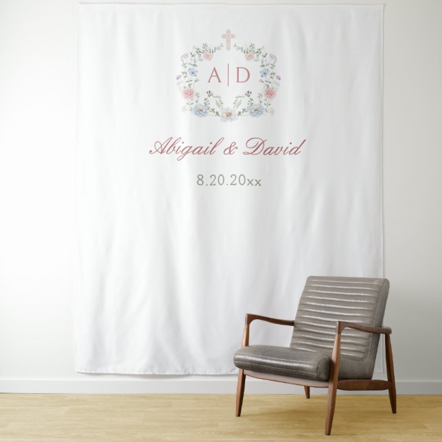 Floral Frame Religious Wedding Monograms Backdrop Tapestry (In Situ)