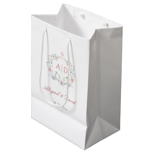 Floral Frame Religious Wedding Monograms Medium Gift Bag (Front Angled)