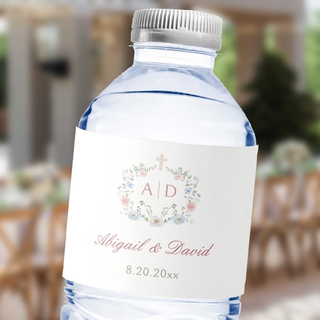Floral Frame Religious Wedding Monograms Water Bottle Label (Creator Uploaded)