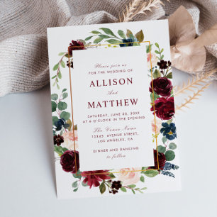 Floral frame watercolor burgundy blooms wedding invitation