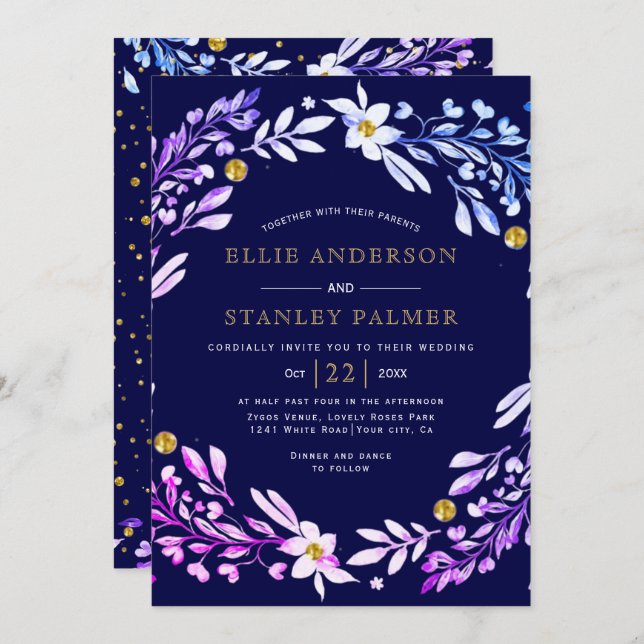Floral frame with gold confetti navy blue wedding  invitation (Front/Back)