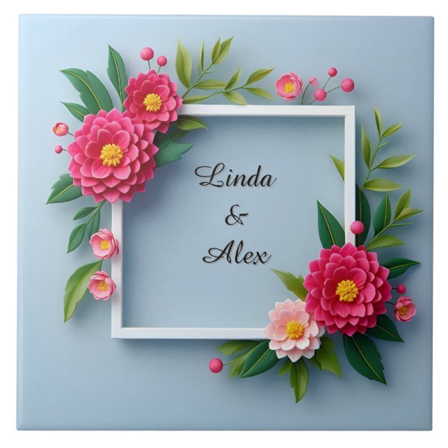 Floral Frame with Pink Flowers Ceramic Tile (Front)