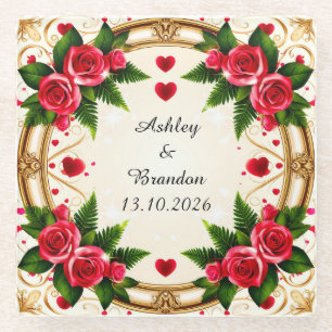 Floral Frame with Pink Roses Glass Coaster