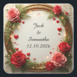 Floral Frame with Red and Pink Roses Square Sticker<br><div class="desc">A decorative circular floral frame adorned with vibrant red and pink roses,  green leaves,  and tiny hearts. Represents romance and elegance,  suitable for festive occasions or romantic invitations.</div>