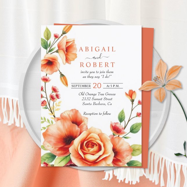 Floral frame with warm orange flowers wedding invitation (Creator Uploaded)