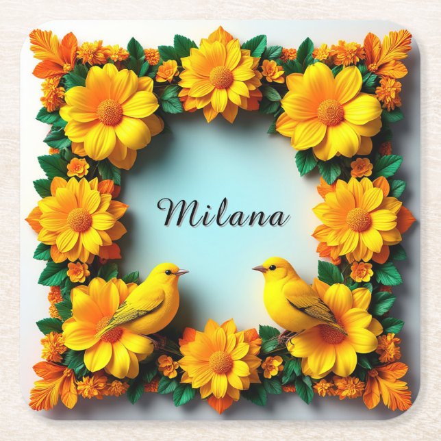 Floral Frame with Yellow Birds Square Paper Coaster (Front)