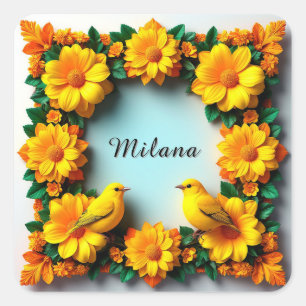 Floral Frame with Yellow Birds Square Sticker