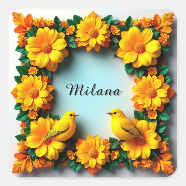 Floral Frame with Yellow Birds Square Sticker (Front)