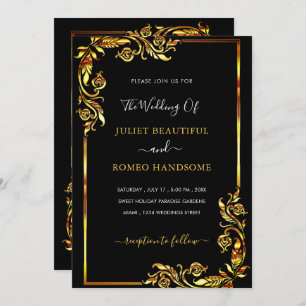 Floral Framed Golden Wedding Invitation Black Gold