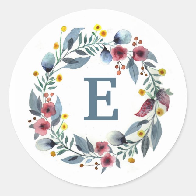 Floral Framed Monogram in Grey Blue Round Stickers (Front)