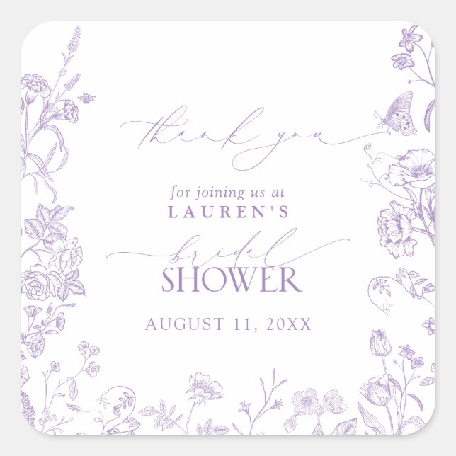 Floral French Lilac Bridal Shower Thank You Square Sticker (Front)