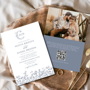 Floral French Monogram Photo Dusty Blue Wedding Invitation