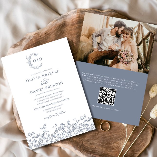 Floral French Monogram Photo Dusty Blue Wedding Invitation (Creator Uploaded)