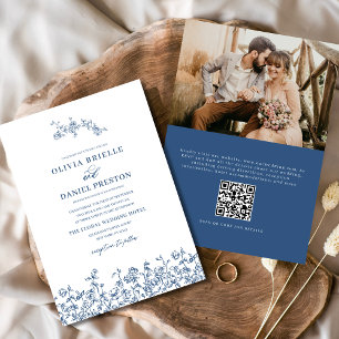 Floral French Photo QR Code Navy Blue Wedding Invitation