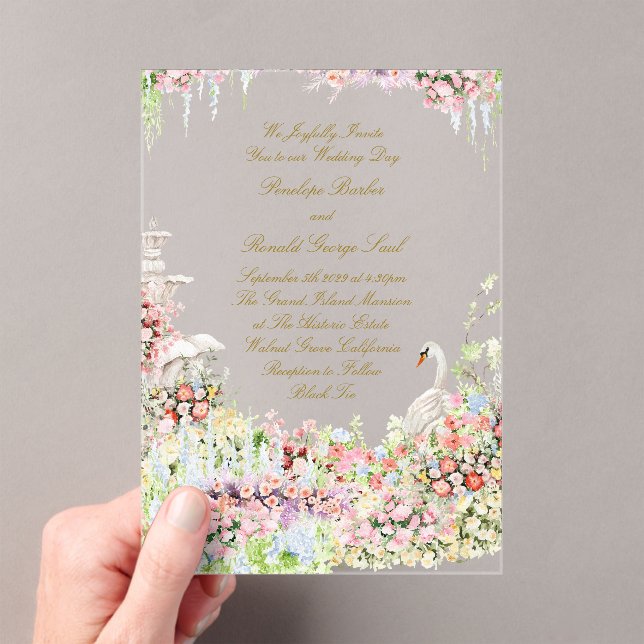 floral french romantic garden chateau swan wedding acrylic invitations (Insitu (Handheld))