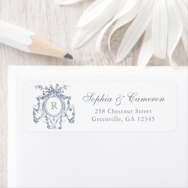 Floral French Roses Crest Monogram Return Address Label (Insitu)