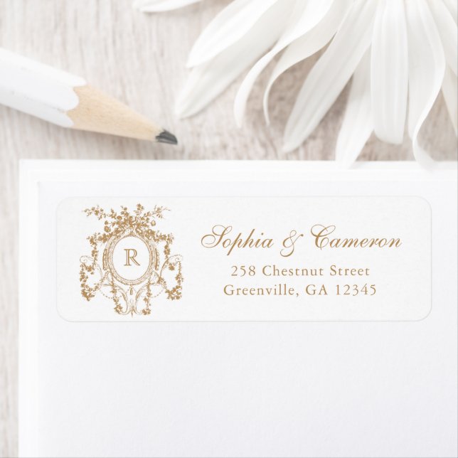 Floral French Roses Crest Monogram Return Address Label (Insitu)