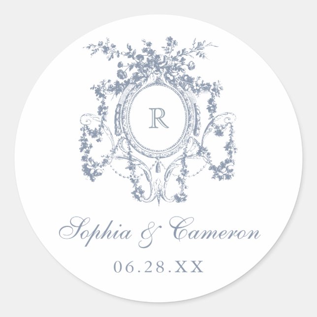 Floral French Roses Crest Wedding Monogram Classic Round Sticker (Front)