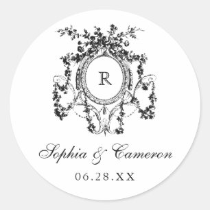 Floral French Roses Crest Wedding Monogram Classic Round Sticker