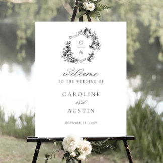 Floral French Roses Crest Wedding Welcome Sign