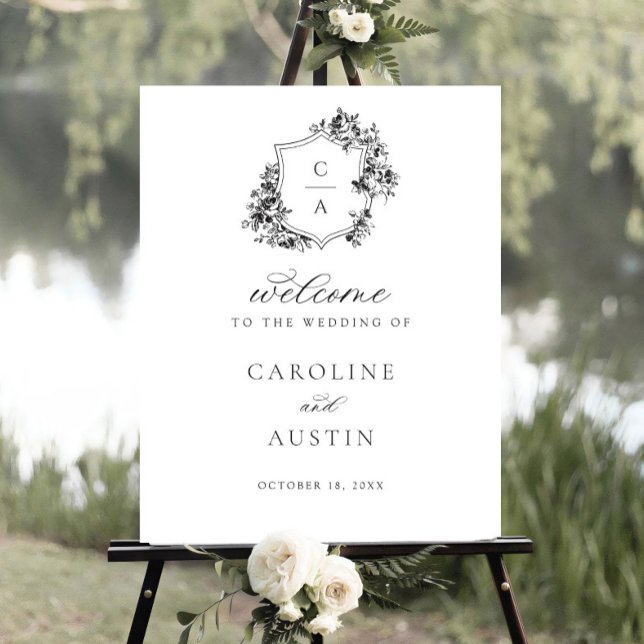 Floral French Roses Crest Wedding Welcome Sign (Creator Uploaded)
