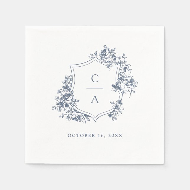 Floral French Roses Wedding Crest Dusty Blue Napkin (Front)