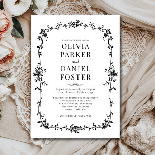 Floral French Victorian Black White Wedding  Invitation
