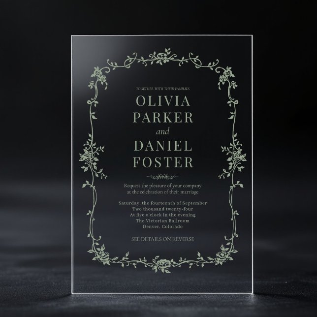 Floral French Victorian Sage Green Wedding  Acrylic Invitations (Creator Uploaded)