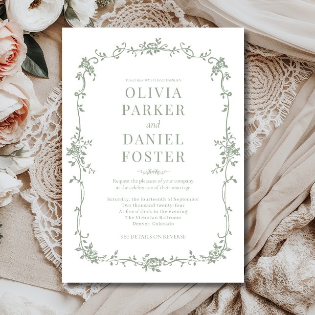 Floral French Victorian Sage Green Wedding  Invitation (Creator Uploaded)