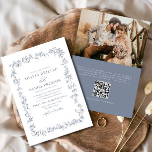 Floral French Vintage Photo Dusty Blue Wedding Invitation
