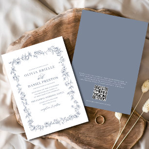Floral French Vintage QR Code Dusty Blue Wedding Invitation