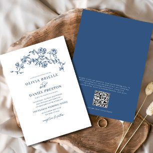 Floral French Vintage QR Code Navy Blue Wedding Invitation