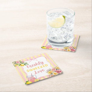 Floral Freshly Squeezed Pink Lemon Bridal Shower Square Paper Coaster