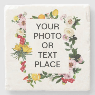 Floral fruity customizable Mediterranean frame Coa Stone Coaster