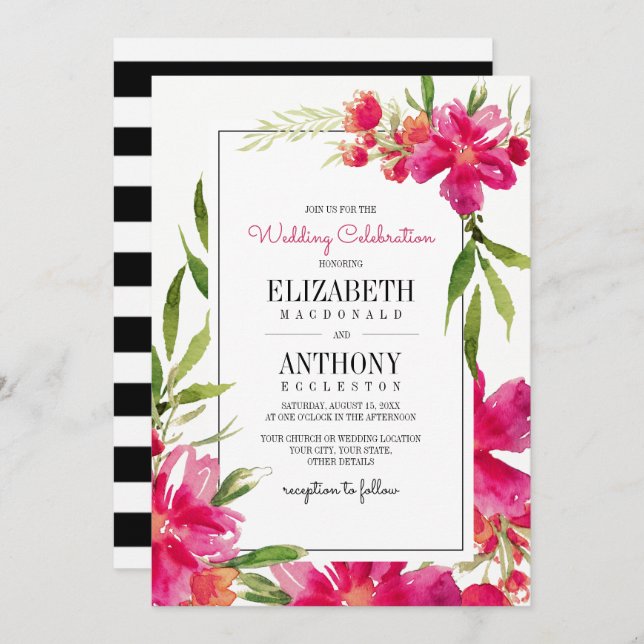 Floral Fuchsia | Green | Black Stripes Wedding Invitation (Front/Back)