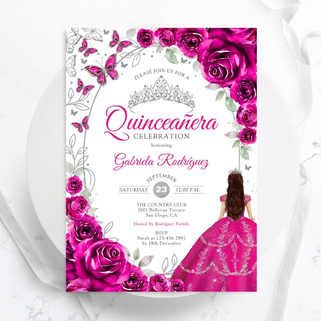 Floral Fuchsia Pink Silver Quinceanera Invitation (Creator Uploaded)