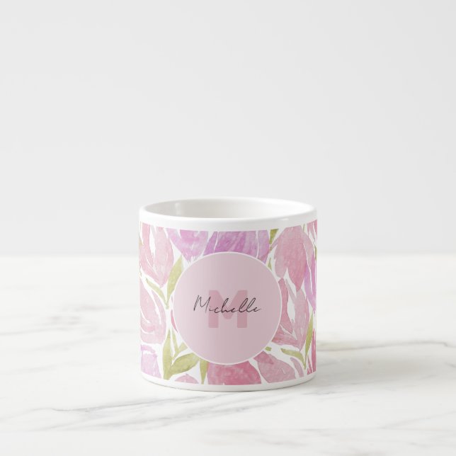 Floral Fuchsia Pink Watercolor Monogram Espresso Cup (Front)