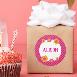 Floral fuchsia plaid girl name classic round sticker