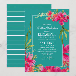 Floral Fuchsia Turquoise Watercolor Wedding Invitation