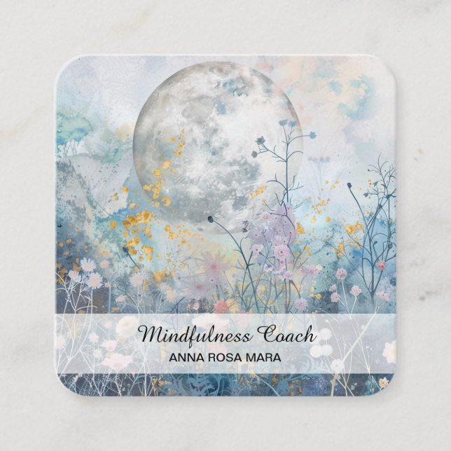 *~* Floral Full Moon Flowers AP70 Ethereal QR Square Business Card (Front)