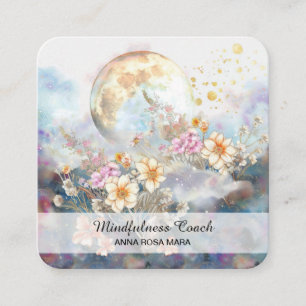 *~* Floral Full Moon Flowers Ethereal QR - AP70 Square Business Card