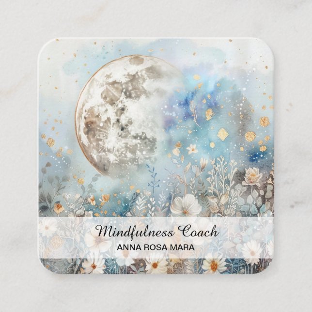 *~* Floral Full Moon Flowers QR AP70 Ethereal Square Business Card (Front)