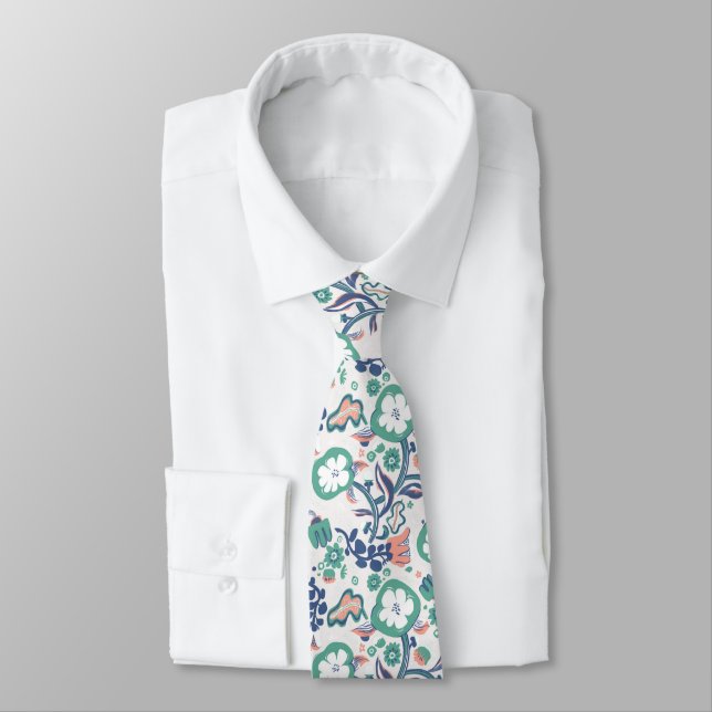 Floral Fun Print On White Tie (Tied)