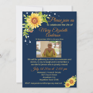 Floral Funeral Celebration of Life Photo Blue  Invitation