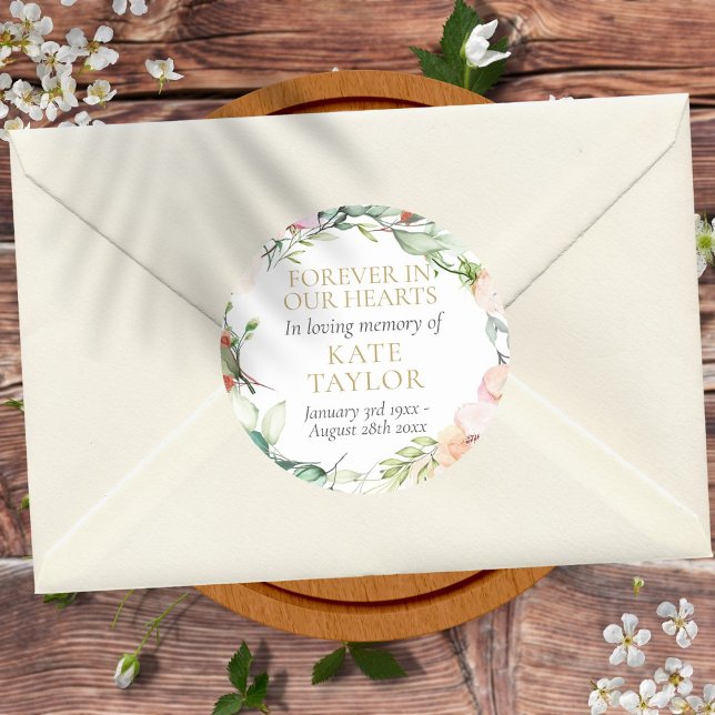 Floral Funeral Memorial Forever In Our Hearts Classic Round Sticker (Creator Uploaded)
