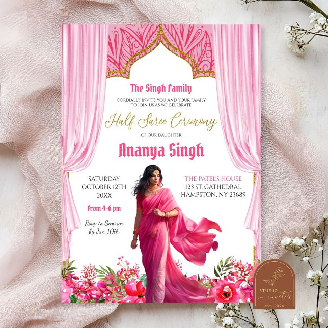 Floral Fuschia Red Half Saree Indian Girl Ceremony Invitation (Creator Uploaded)