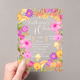 Floral Garden 40th Birthday Acrylic Invitations