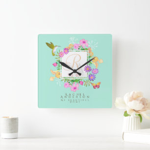 Floral Garden Aqua Monogram Square Wall Clock